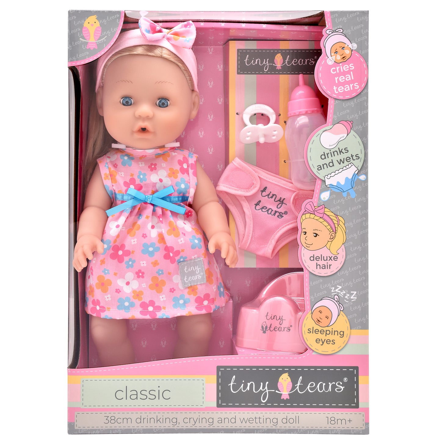 Tiny Tears 15" (38cm) Classic Crying and Wetting Doll Pink Dress - White