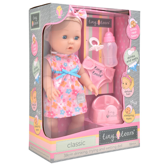 Tiny Tears 15" (38cm) Classic Crying and Wetting Doll Pink Dress - White