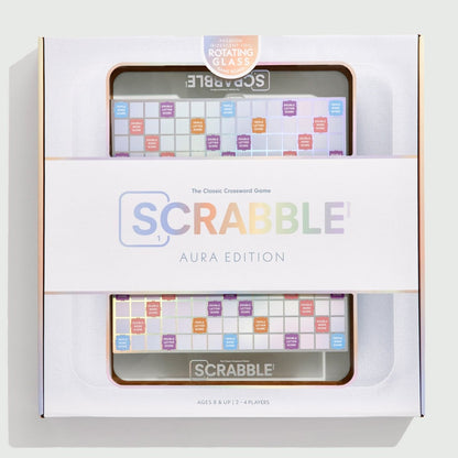 Scrabble Aura Edition Board Game – Luxury Collector's Edition with Rotating Iridescent Tempered Glass Board, Metallic Letter Tiles & Wooden Racks - John Adams