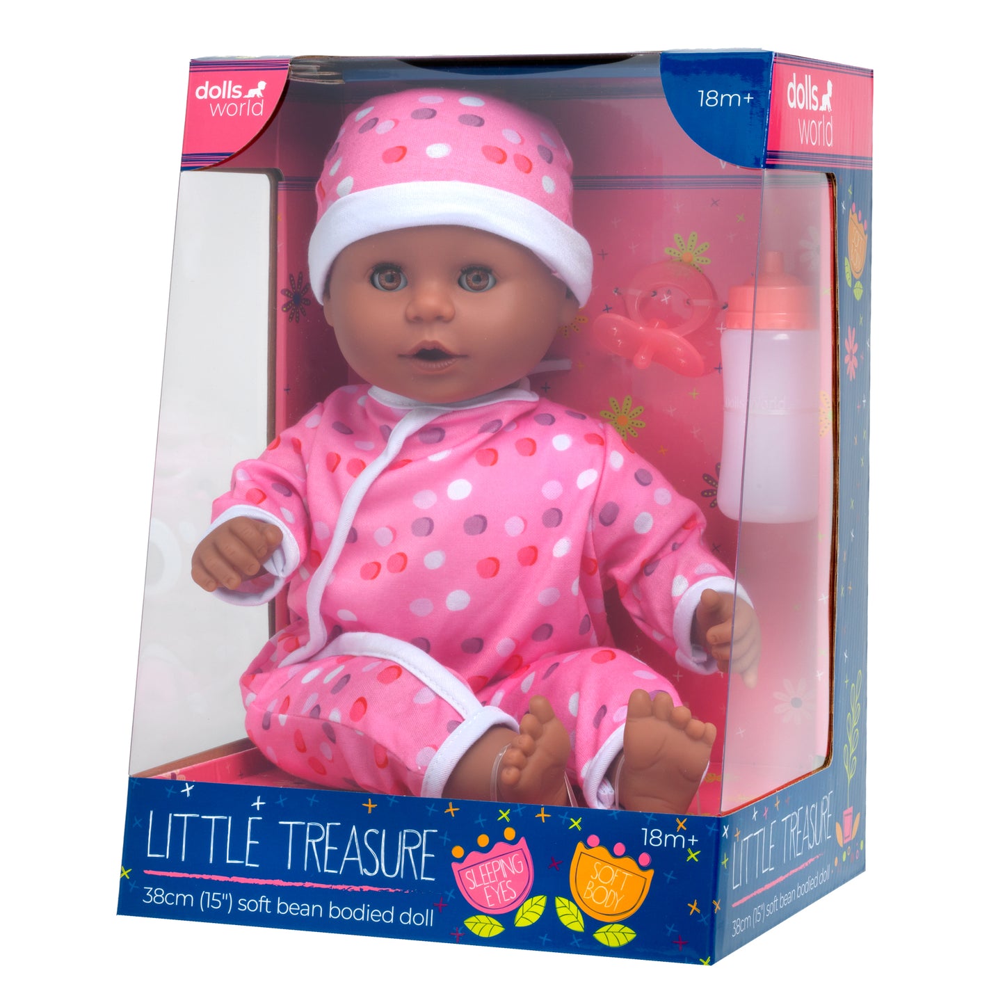 Dolls World Little Treasure - 38cm Soft Bean Bodied Black Doll - For ages 18 months+