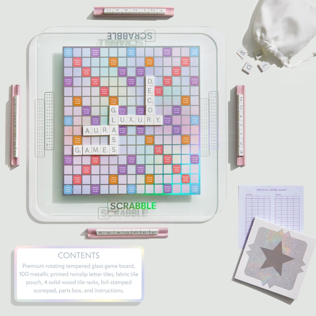 Scrabble Aura Edition Board Game – Luxury Collector's Edition with Rotating Iridescent Tempered Glass Board, Metallic Letter Tiles & Wooden Racks - John Adams