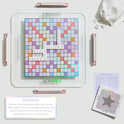 Scrabble Aura Edition Board Game – Luxury Collector's Edition with Rotating Iridescent Tempered Glass Board, Metallic Letter Tiles & Wooden Racks - John Adams