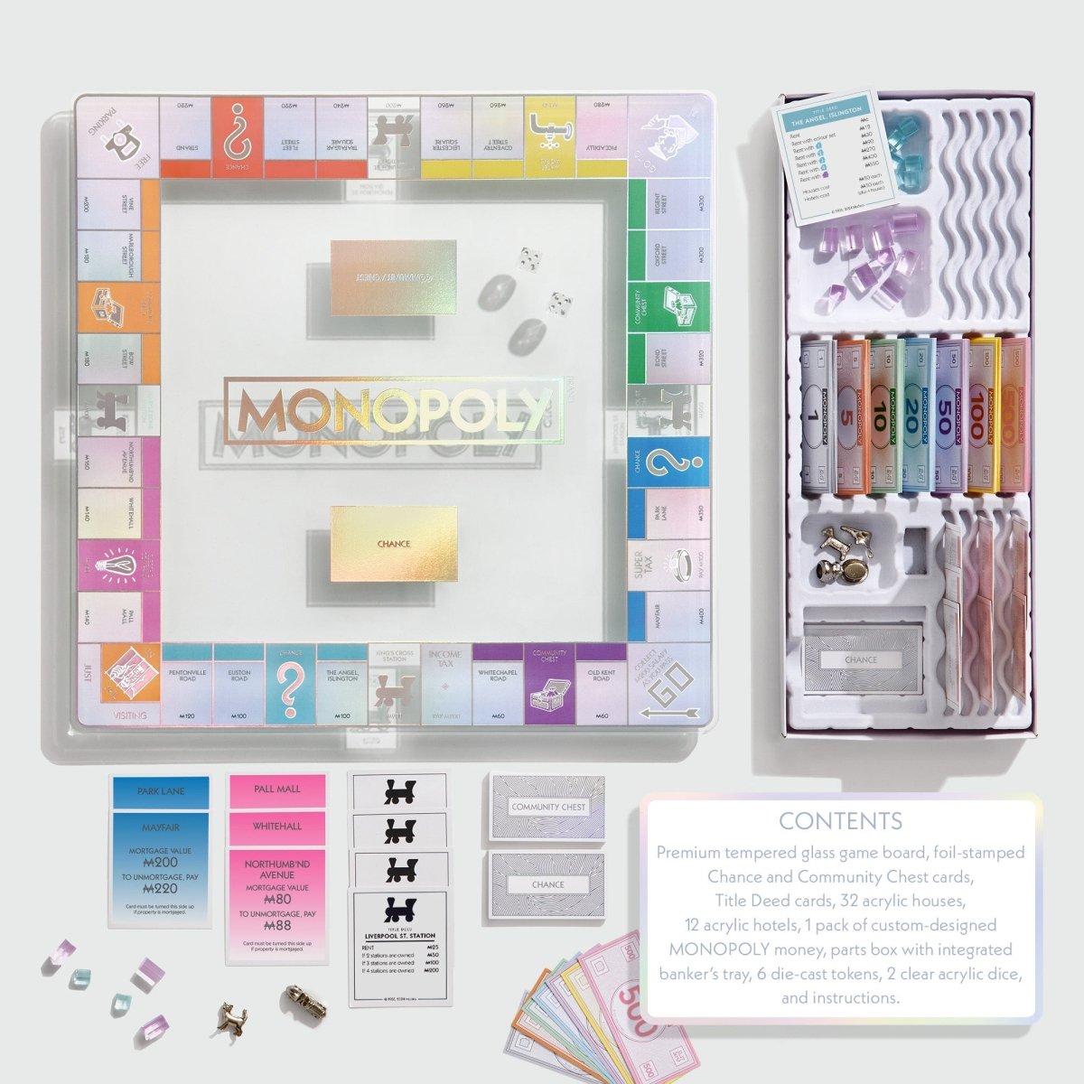 Monopoly Aura Edition Board Game – Luxury Collector's Edition with Iridescent Tempered Glass Board, Metal Tokens & Acrylic Houses - John Adams