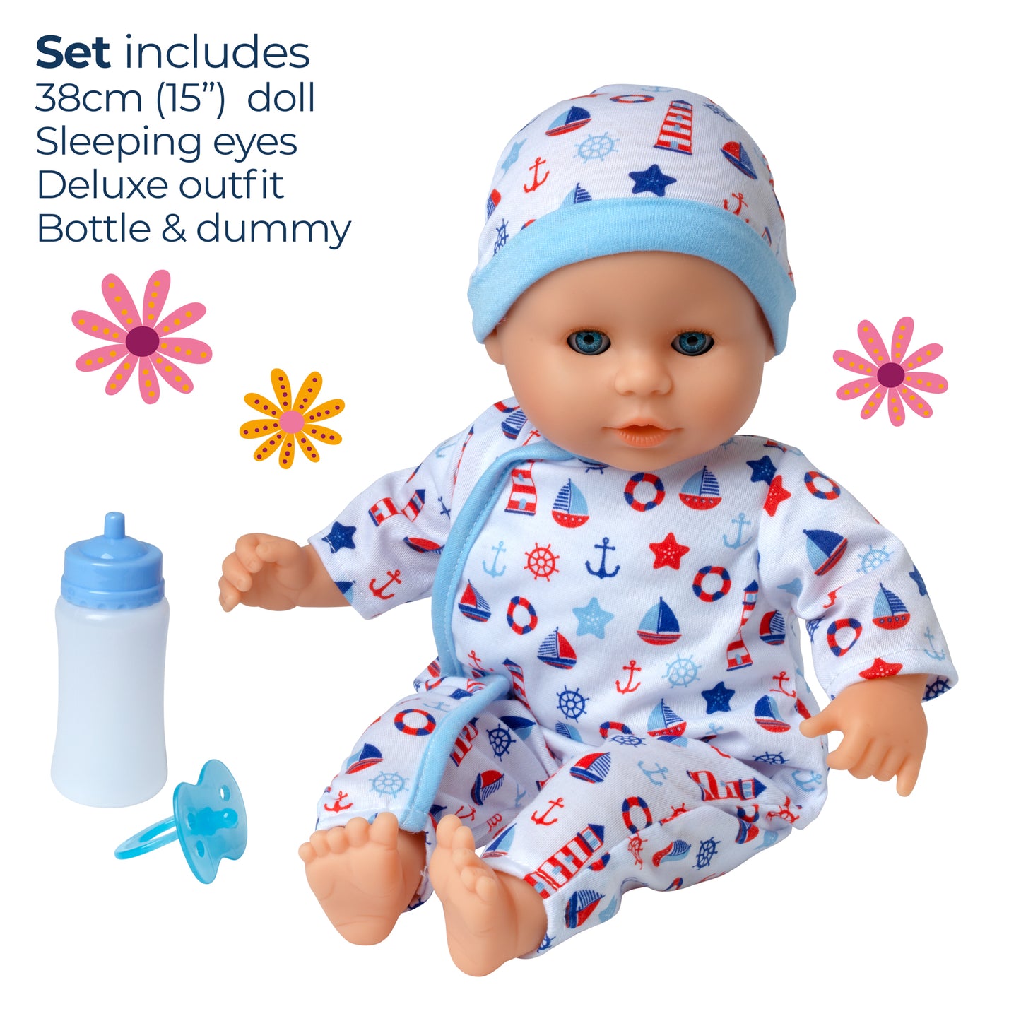 Dolls World Little Treasure - 38cm Soft Bean Bodied White Boy Doll - For ages 18 months+