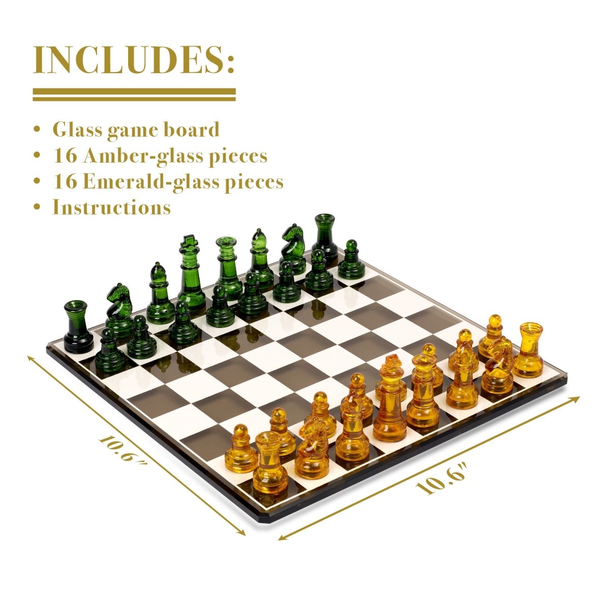 Luxury Glass Chess Set - 27x27cm Glass Board with 32 Weighted Pieces and Felt Padded Bases - John Adams