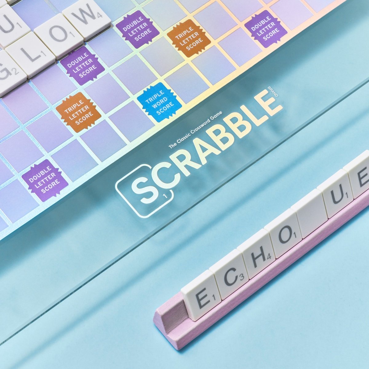 Scrabble Aura Edition Board Game – Luxury Collector's Edition with Rotating Iridescent Tempered Glass Board, Metallic Letter Tiles & Wooden Racks - John Adams