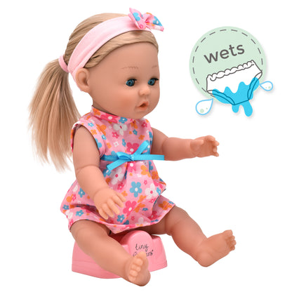 Tiny Tears 15" (38cm) Classic Crying and Wetting Doll Pink Dress - White