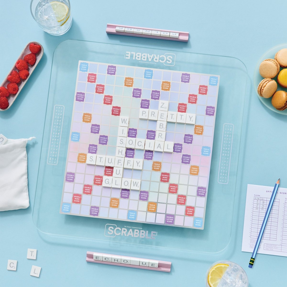 Scrabble Aura Edition Board Game – Luxury Collector's Edition with Rotating Iridescent Tempered Glass Board, Metallic Letter Tiles & Wooden Racks - John Adams