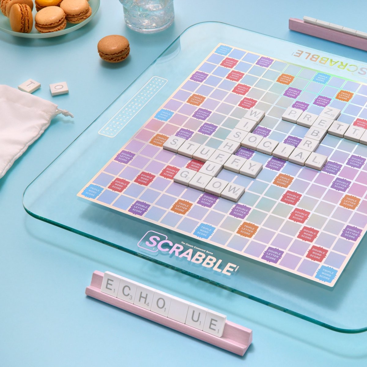 Scrabble Aura Edition Board Game – Luxury Collector's Edition with Rotating Iridescent Tempered Glass Board, Metallic Letter Tiles & Wooden Racks - John Adams