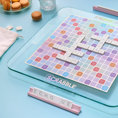 Scrabble Aura Edition Board Game – Luxury Collector's Edition with Rotating Iridescent Tempered Glass Board, Metallic Letter Tiles & Wooden Racks - John Adams