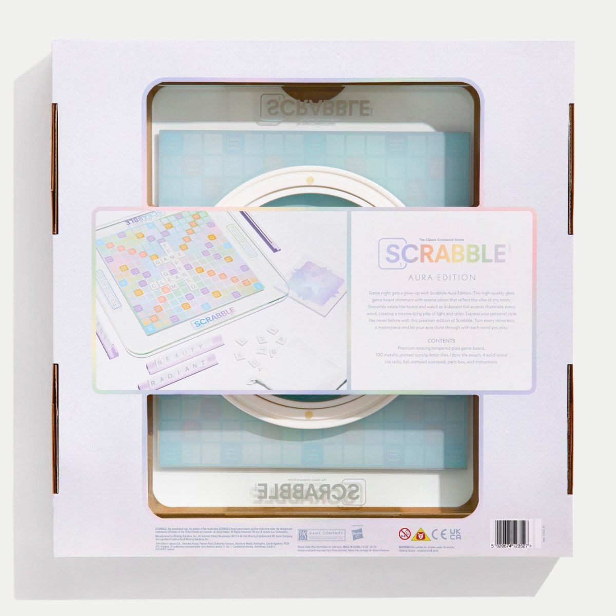 Scrabble Aura Edition Board Game – Luxury Collector's Edition with Rotating Iridescent Tempered Glass Board, Metallic Letter Tiles & Wooden Racks - John Adams