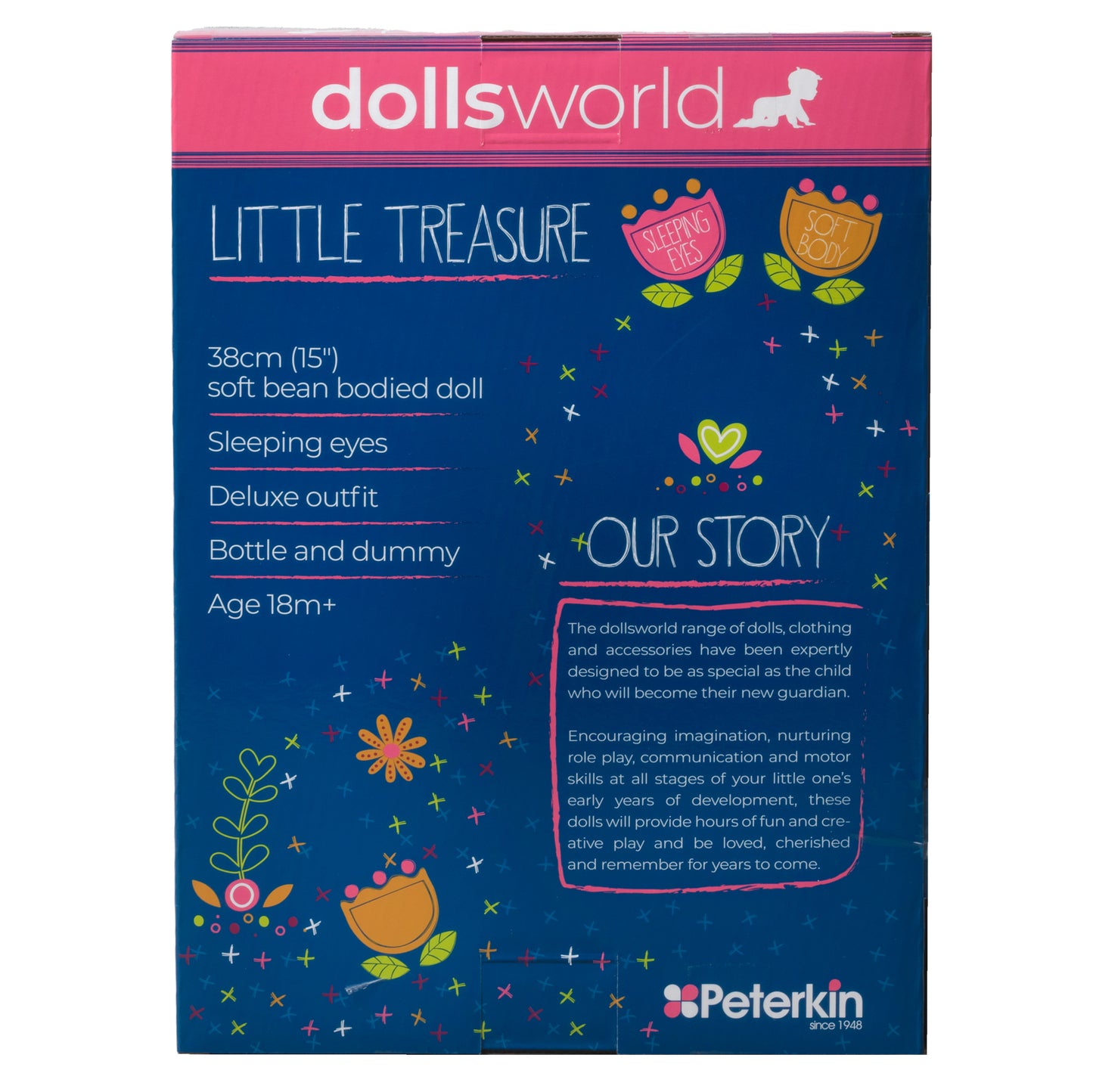 Dolls World Little Treasure - 38cm Soft Bean Bodied Black Doll - For ages 18 months+