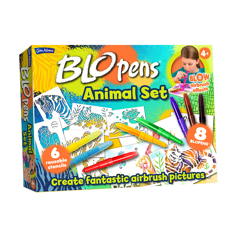 Activity Set Jungle Animal Stencils Blow Pens Glitter Kids Colours DIY Craft UK